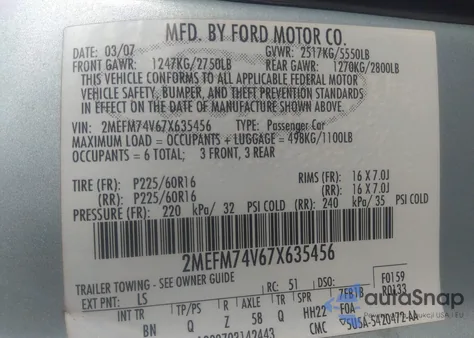 2007 Mercury Grand Marquis Gs from USA, damaged, VIN 2MEFM74V67X635456